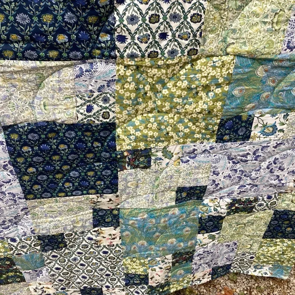 NWT. Hand Crafted Blues and Greens Gardens Quilt with Liberty Lawn Fabrics